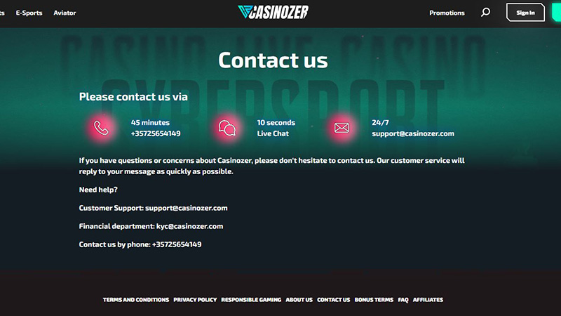 Casinozer Review Customer Service