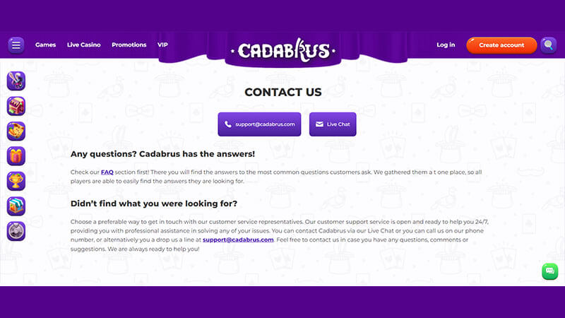 Cadabrus Casino Customer Support