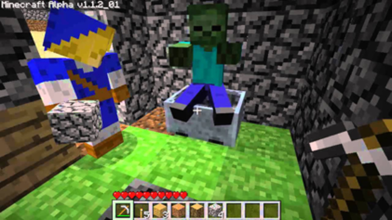 Two players looking at a zombie in a minecart in the video game Minecraft, tags: nfts blockchain - CC BY-SA