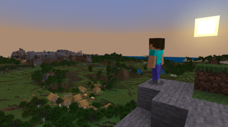 An example of Minecraft's procedurally generated terrain, including a village and the default skin Steve, tags: ban blockchain - CC BY-SA